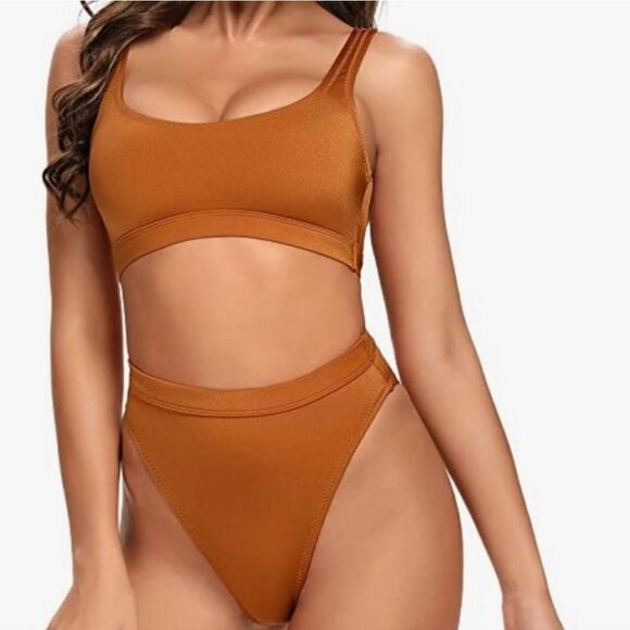 Dixieperfect Scoop Low Neck Burnt Orange Sporty Bikini Top Swimsuit M - Picture 1 of 7